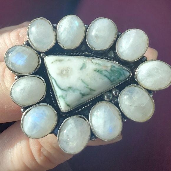 New Huge Tree Agate & Rainbow Moonstone 925 Silver Statement Ring. - Picture 8 of 13